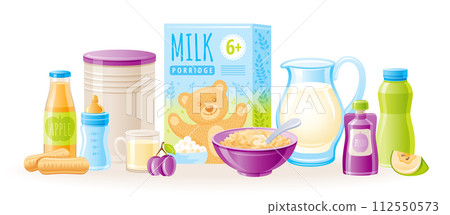 Baby food vector illustration. Milk porridge bowl with spoon, juice bottle, apple fruit, puree box, kids biscuit icon set. Healthy nutrition baby food. 3d Complementary product isolated illustration 112550573