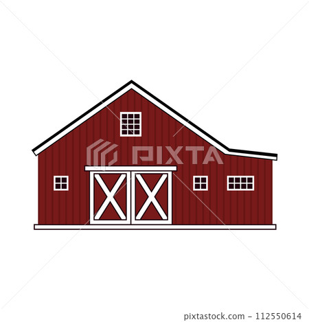 Red wooden rural barn cartoon american building. Vector Outline isolated hand drawn illustration on white background, front view Red wooden rural barn cartoon american building. Vector Outline isolated hand drawn illustration on white background, front view 112550614