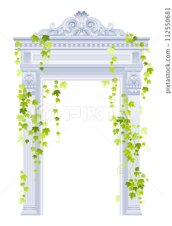 Greek arch pillar vector with ivy plant. 3d Roman antique architecture frame with stone column, vine. White marble door portal and green ivy plant. Classic arch pillar palace building illustration Greek arch pillar vector with ivy plant. 3d Roman antique architecture frame with stone column, vine. White marble door portal and green ivy plant. Classic arch pillar palace building illustration 112550681
