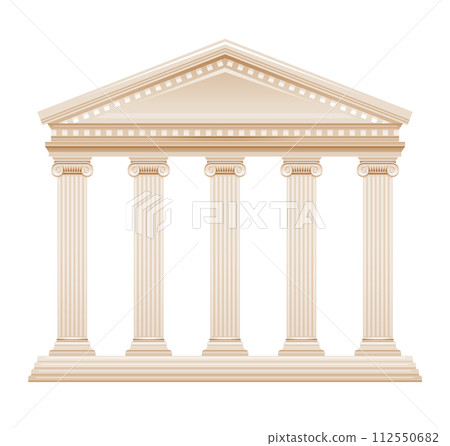 Greek temple building vector. Greek Roman pillar architecture. Ancient column illustration from Greece, Rome. Marble antique house - parthenon acropolis temple court bank. 3d icon on white baackground 112550682