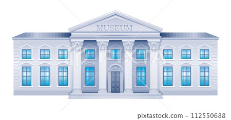Museum building. Vector Exterior illustration. Cartoon house can be art gallery, bank, government, university, institute, campus, court. Flat museum palace front icon. Architecture on white background Museum building. Vector Exterior illustration. Cartoon house can be art gallery, bank, government, university, institute, campus, court. Flat museum palace front icon. Architecture on white background 112550688