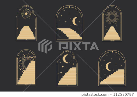 Set arch window line frame celestial, mystic with staircase, astrology symbols moon and sun, line border, minimal tattoo isolated. Esoteric spiritual icon. Set arch window line frame celestial, mystic with staircase, astrology symbols moon and sun, line border, minimal tattoo isolated. Esoteric spiritual icon. 112550797