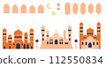 Set of Islamic religion design elements as windows and arches, mosque, stars, moon, lantern. Modern flat clipart for template, banners, flyers 112550834