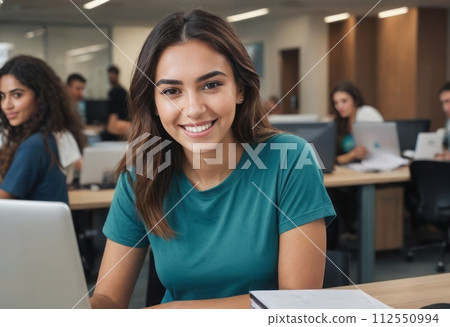 AI-generated content. Cheerful Young Woman at Desk 112550994
