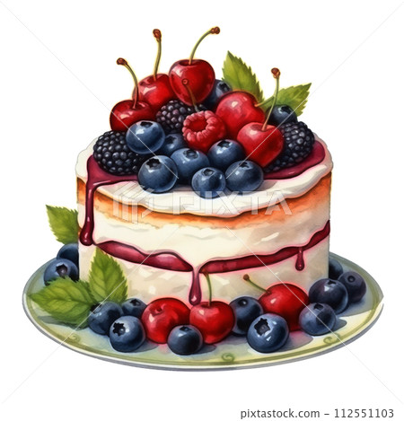 Painting of a Cake With Strawberries and Blueberries 112551103