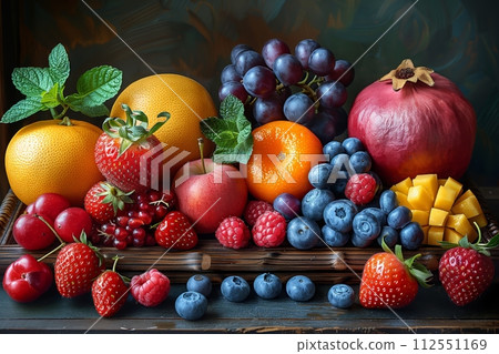 AI-generated content. Fresh fruit selection on a dark surface 112551169