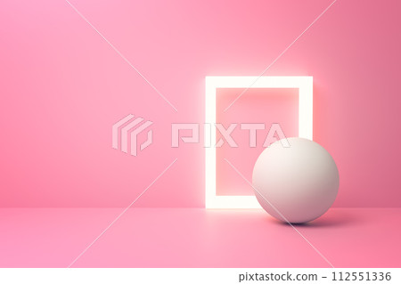 3D rendering of glowing square and sphere on pink 112551336