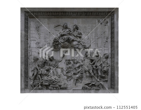 Bas relief sculpture of The pediment of The Monument to the Great Fire of London isolated on White background with clipping path. 112551405