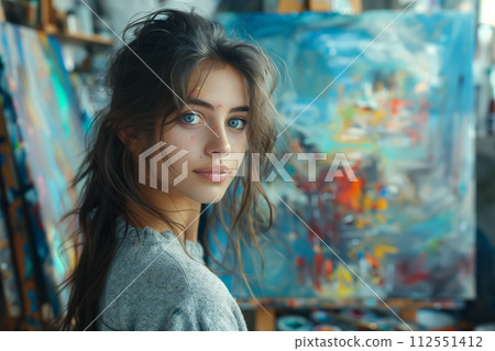 AI-generated content. Portrait of a pensive artist among artwork 112551412
