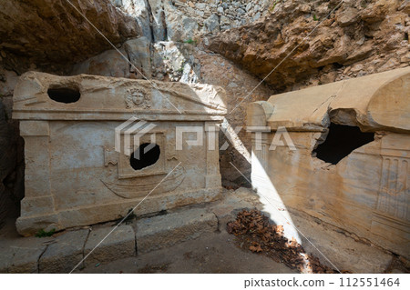 Antique stone sarcophagus in tomb in ancient Lycian city of Olympus, Turkey Antique stone sarcophagus in tomb in ancient Lycian city of Olympus, Turkey 112551464