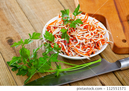 Seafood tapa Rallado de Mar made of grated surimi 112551571