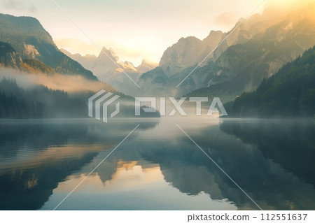 AI-generated content. Sunlit misty mountains and a clear mountain lake 112551637