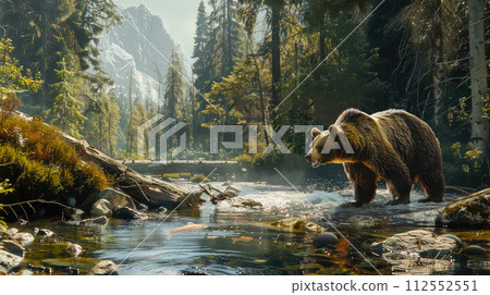 Wild brown bear hunting for salmon in mountain river in summer, grizzly animal in water on green trees background. Concept of wildlife, fish, food, nature, park 112552551