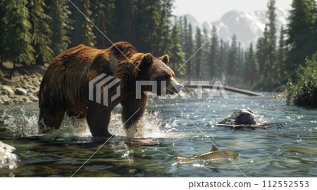Wild bear hunting for salmon in mountain river in summer, brown grizzly animal in water on green trees background. Concept of wildlife, fish, food, nature, national park 112552553