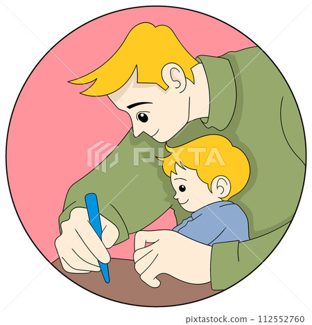 Father's Day cartoon doodle illustration, father and son learning to draw together 112552760
