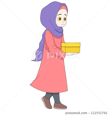 Ramadan cartoon doodle illustration of charity, a Muslim girl wearing a hijab brings gifts to the poor Ramadan cartoon doodle illustration of charity, a Muslim girl wearing a hijab brings gifts to the poor 112552782