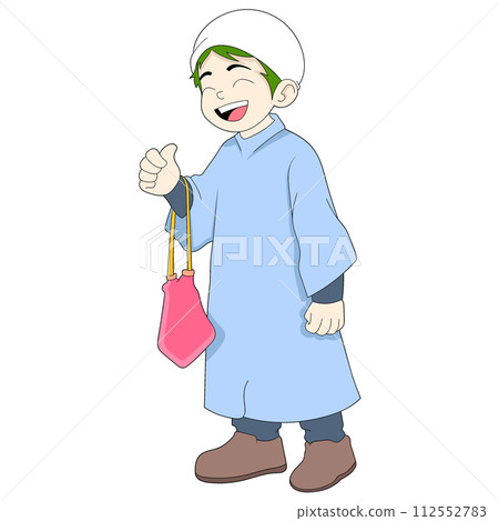 Ramadan cartoon doodle illustration of charity, a Muslim man is carrying a bag filled with money to donate to the poor Ramadan cartoon doodle illustration of charity, a Muslim man is carrying a bag filled with money to donate to the poor 112552783