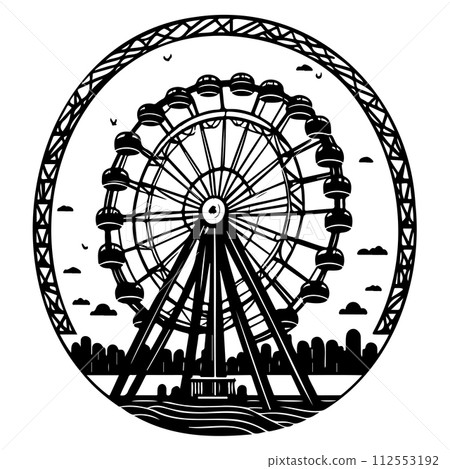 Big Ferris Wheel at Night Amusement Park illustration sketch hand draw Big Ferris Wheel at Night Amusement Park illustration sketch hand draw 112553192