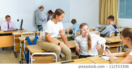 Cheerful teenage classmates talking at recess in college Cheerful teenage classmates talking at recess in college 112553306