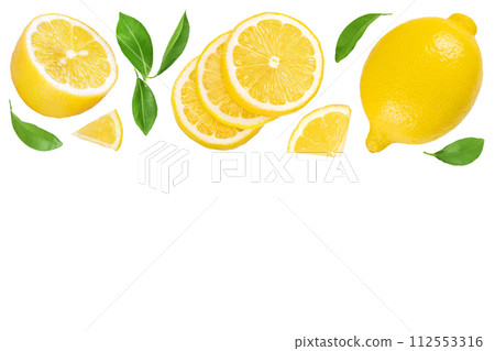 Ripe lemon with slices isolated on white background with full depth of field. Top view with copy space for your text. Flat lay 112553316