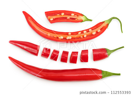 red hot chili pepper with slices isolated on white background. Top view. Flat lay. red hot chili pepper with slices isolated on white background. Top view. Flat lay. 112553393