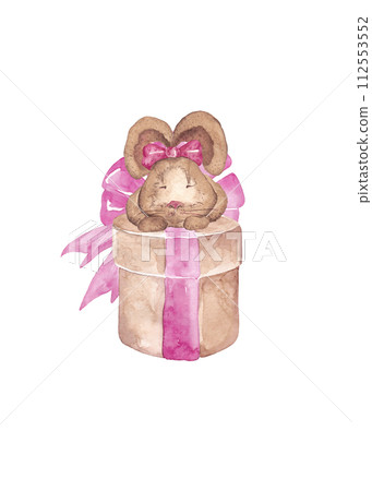 Cartoon rabbit. A cute bunny sits on the lid of a holiday box. Watercolor illustration for your design. Easter decor 112553552