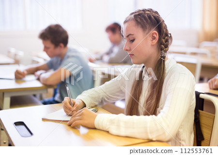 Focused teenage schoolgirl writing lectures in classroom 112553761