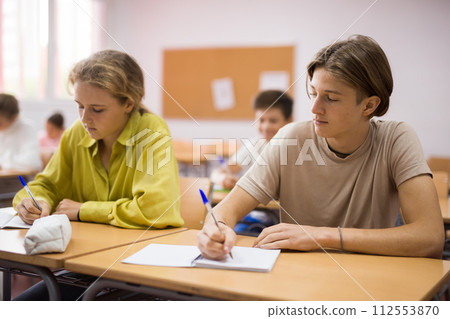 Student is sitting test and answer about task in classroom. 112553870