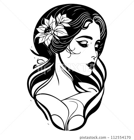 beautiful woman Art Nouveau black illustration sketch  beautiful woman Art Nouveau black illustration sketch  112554170