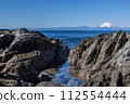 View of snow-covered Mt. Fuji from the shore of Jogashima 112554444