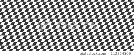 Race flag texture in diagonal arrangement. Tilted checkered black and white squares background. Sport car competition, motosport, motocrosss print. Slanted chequered tile floor. Vector illustration 112554509