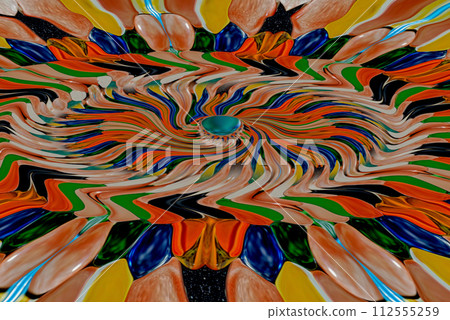 Abstract drawing in the form of a flower.A flower is painted with oil paints through the prism of a kaleidoscope. Abstract drawing in the form of a flower.A flower is painted with oil paints through the prism of a kaleidoscope. 112555259