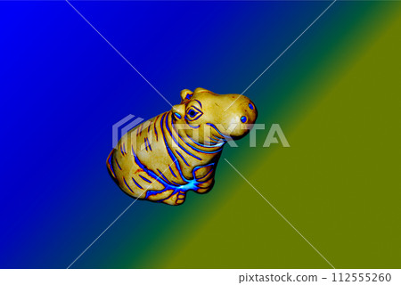 Image of a hippopotamus, on a blue and yellow background. 112555260
