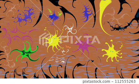 Abstract drawing of the underwater world.Octopuses, fish, algae, ciliates are depicted. 112555263