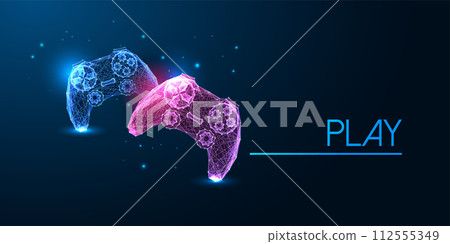 Two video game controllers glowing in electric blue and puprple on a dark blue background Two video game controllers glowing in electric blue and puprple on a dark blue background 112555349