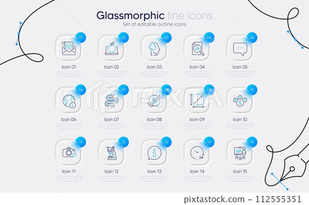 Set of Intestine, Info and 24 hours line icons for web app. Green energy, Laptop, Square area icons. Analytics graph, Photo camera, Presentation signs. Confirmed mail, Internet. Vector 112555351
