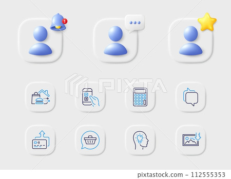 Messenger, Calculator and Idea head line icons. Placeholder with 3d star, reminder bell, chat. Pack of Food delivery, Mobile survey, Card icon. Download photo, Shopping cart pictogram. Vector Messenger, Calculator and Idea head line icons. Placeholder with 3d star, reminder bell, chat. Pack of Food delivery, Mobile survey, Card icon. Download photo, Shopping cart pictogram. Vector 112555353