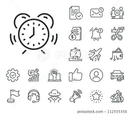 Alarm clock sign. Salaryman, gender equality and alert bell outline icons. Time management line icon. Watch symbol. Time management line sign. Spy or profile placeholder icon. Vector Alarm clock sign. Salaryman, gender equality and alert bell outline icons. Time management line icon. Watch symbol. Time management line sign. Spy or profile placeholder icon. Vector 112555358