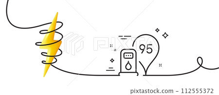 Petrol station line icon. Continuous one line with curl. Filling station location sign. 95 gasoline fuel symbol. Petrol station single outline ribbon. Loop curve with energy. Vector Petrol station line icon. Continuous one line with curl. Filling station location sign. 95 gasoline fuel symbol. Petrol station single outline ribbon. Loop curve with energy. Vector 112555372