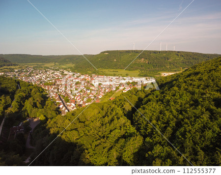 High angle view of colorful village in the middle of mountain in Germany 112555377