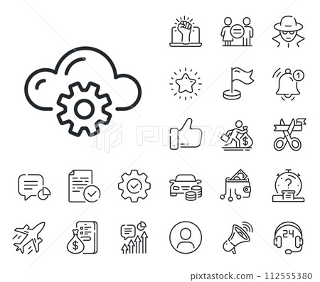 Internet data storage sign. Salaryman, gender equality and alert bell outline icons. Cloud computing process line icon. File hosting technology symbol. Cloud computing line sign. Vector 112555380