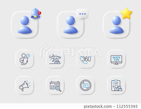 Customer survey, Web tutorials and Delivery plane line icons. Placeholder with 3d star, reminder bell, chat. Pack of 360 degree, Megaphone, Stop talking icon. Vector 112555393