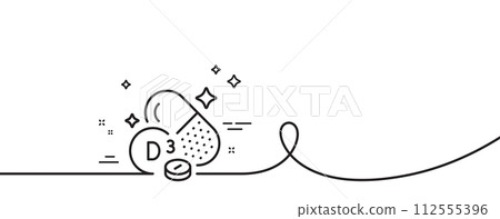 Vitamin D3 line icon. Continuous one line with curl. Cholecalciferol food nutrient sign. Capsule or pill supplement symbol. Cholecalciferol single outline ribbon. Loop curve pattern. Vector Vitamin D3 line icon. Continuous one line with curl. Cholecalciferol food nutrient sign. Capsule or pill supplement symbol. Cholecalciferol single outline ribbon. Loop curve pattern. Vector 112555396