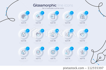 Set of Chlorine mineral, Low thermometer and Health app line icons for web app. Emergency call, Medical mask, Magnesium mineral icons. Volunteer, Face detect, Niacin vitamin signs. Vector Set of Chlorine mineral, Low thermometer and Health app line icons for web app. Emergency call, Medical mask, Magnesium mineral icons. Volunteer, Face detect, Niacin vitamin signs. Vector 112555397