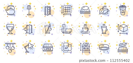 Outline set of Mint tea, Lightweight mattress and Entrance line icons for web app. Include Latex mattress, Floor plan, Takeaway coffee pictogram icons. House dimension, Latte. Vector Outline set of Mint tea, Lightweight mattress and Entrance line icons for web app. Include Latex mattress, Floor plan, Takeaway coffee pictogram icons. House dimension, Latte. Vector 112555402