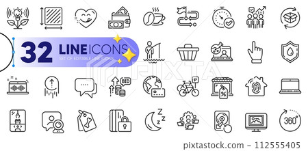 Outline set of Online chemistry, Square area and Bicycle parking line icons for web with Pet tags, Photo thumbnail, Video conference thin icon. Business statistics, Music making. Vector 112555405