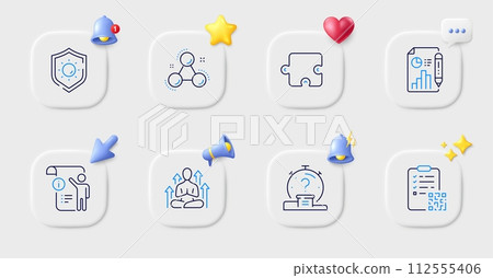 Yoga, Quiz and Manual doc line icons. Buttons with 3d bell, chat speech, cursor. Pack of Report document, Chemistry molecule, Qr code icon. Sun protection, Puzzle pictogram. Vector 112555406