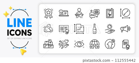 Megaphone, Rating stars and Diploma line icons set for app include Ranking star, Circle area, Honeymoon travel outline thin icon. Sun protection, Online documentation. Vector Megaphone, Rating stars and Diploma line icons set for app include Ranking star, Circle area, Honeymoon travel outline thin icon. Sun protection, Online documentation. Vector 112555442