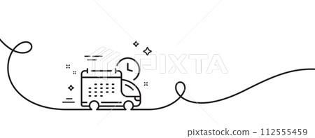 Delivery schedule line icon. Continuous one line with curl. Logistics calendar sign. Cargo reminder symbol. Delivery single outline ribbon. Loop curve pattern. Vector 112555459