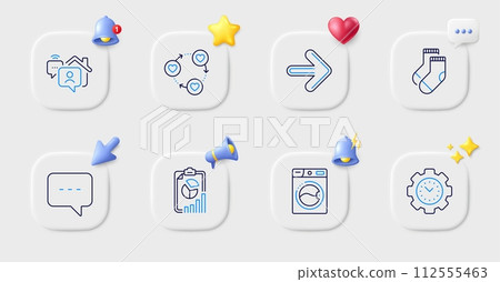 Blog, Report and Socks line icons. Buttons with 3d bell, chat speech, cursor. Pack of Work home, Washing machine, Friends community icon. Time management, Next pictogram. For web app, printing. Vector 112555463